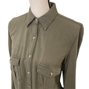 Harper Collared Hi-Low Hem Long Sleeve Button Front Blouse Women's Olive Size M